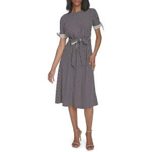 H Halston Short Sleeve Printed Belted Dress Size 10 Black White Checkered Midi